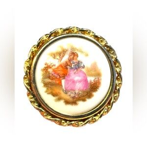 Vintage Limoges France ceramic stamped victorian scene cameo style brooch